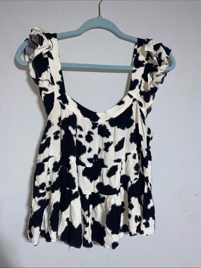 Black & White Cow Print Ruffle Tank Top